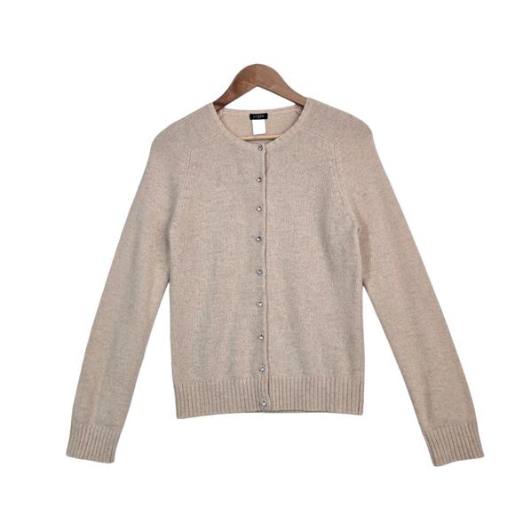 J Crew Lambs Wool Angora Rabbit Hair Cardigan sz M Beige Rhinestone Buttons - Picture 1 of 15